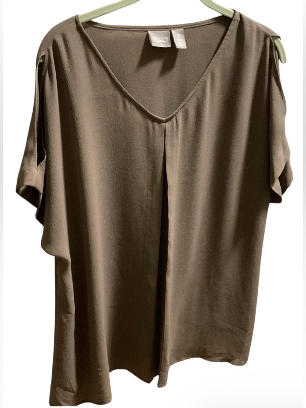 Chico's Olive Brown V-Neck Short Sleeve Blouse size 2 *US L*